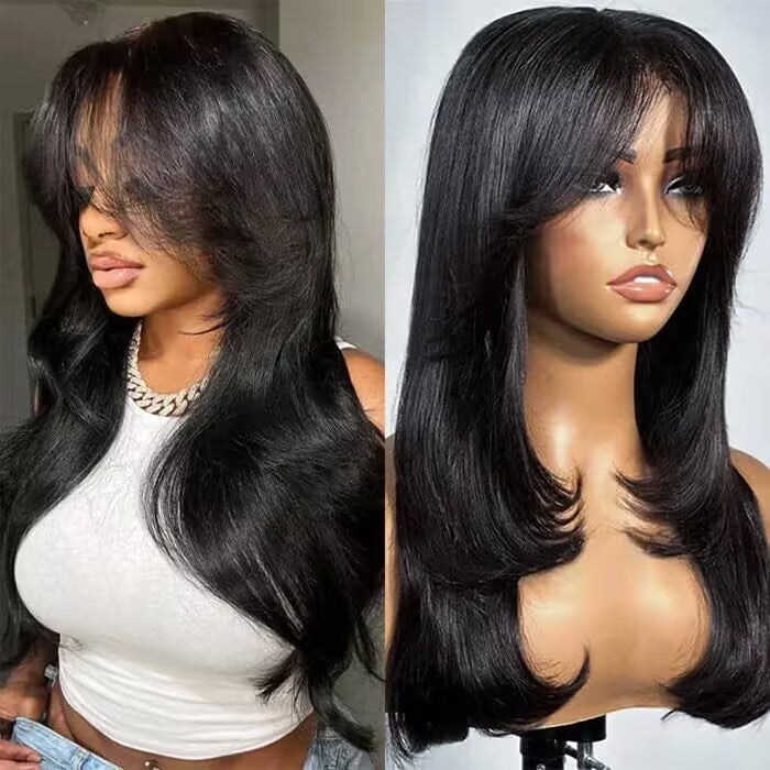 Layered Straight Curtain Bang Wig Ready Go Glueless 13x4 Lace Wig With Pre Bleached& Pre Cut