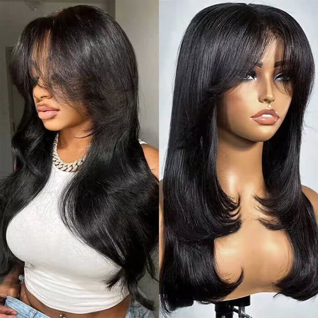 Layered Straight Curtain Bang Wig Ready Go Glueless 13x4 Lace Wig With Pre Bleached& Pre Cut