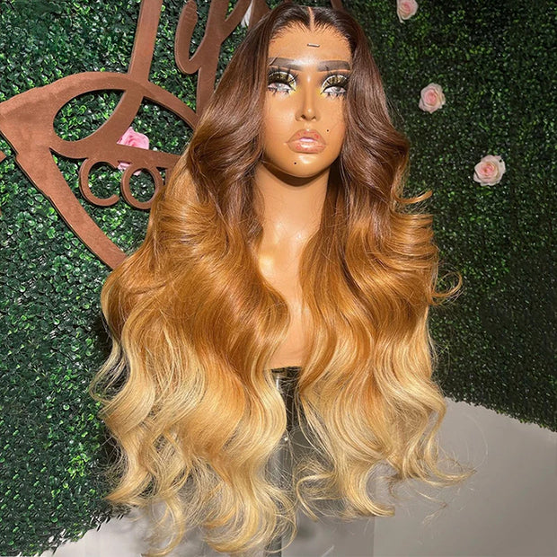 Ombre 4 Tones Loose Body Wave Wigs Glueless Frontal 13x4 HD Lace Wigs Pre-plucked Hairline Human Hair Wig for Women