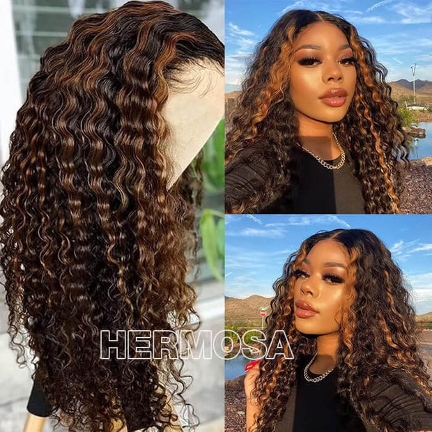 Balayage Highlights Transparent HD Lace Front Wigs Water Wave Human Hair Wigs For Women Pre Plucked