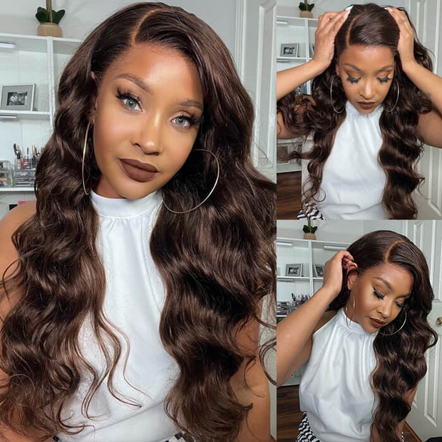 HD Transparent Lace Front Wig Pre Plucked Glueless Chocolate Brown Colored Body Wave Human Hair Wigs