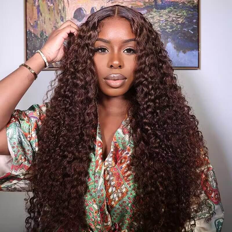 220% Density #4 Chocolate Brown Wig Deep Wave 13x6 HD Transparent Lace Frontal Wigs Pre-Colored Human Hair Wigs