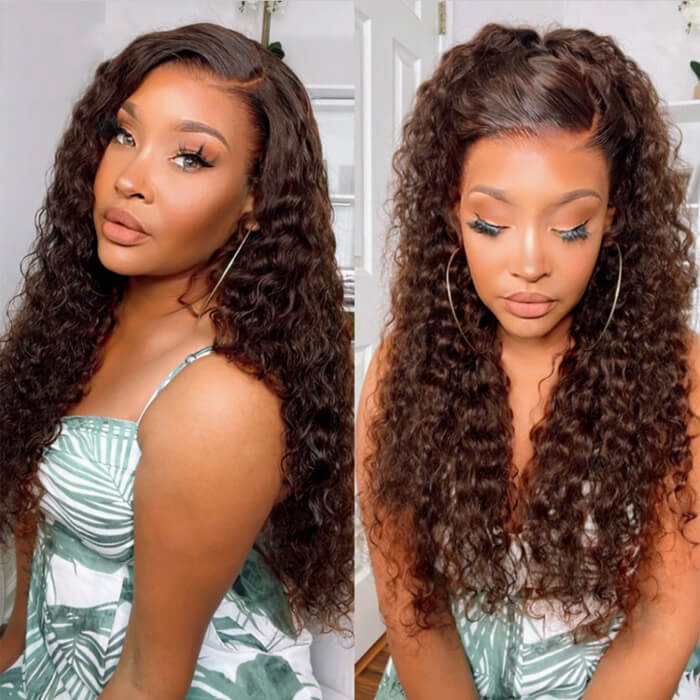 #4 Chocolate Brown Wig Deep Wave 13x6 HD Transparent Lace Frontal Wigs Pre-Colored Human Hair Wigs