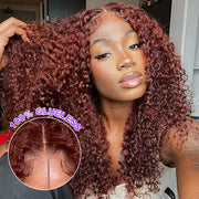 Glueless Lace Reddish Brown Curly Wig With Bleached Knots 8x5 Pre Cut HD Lace Put On And Go Wig