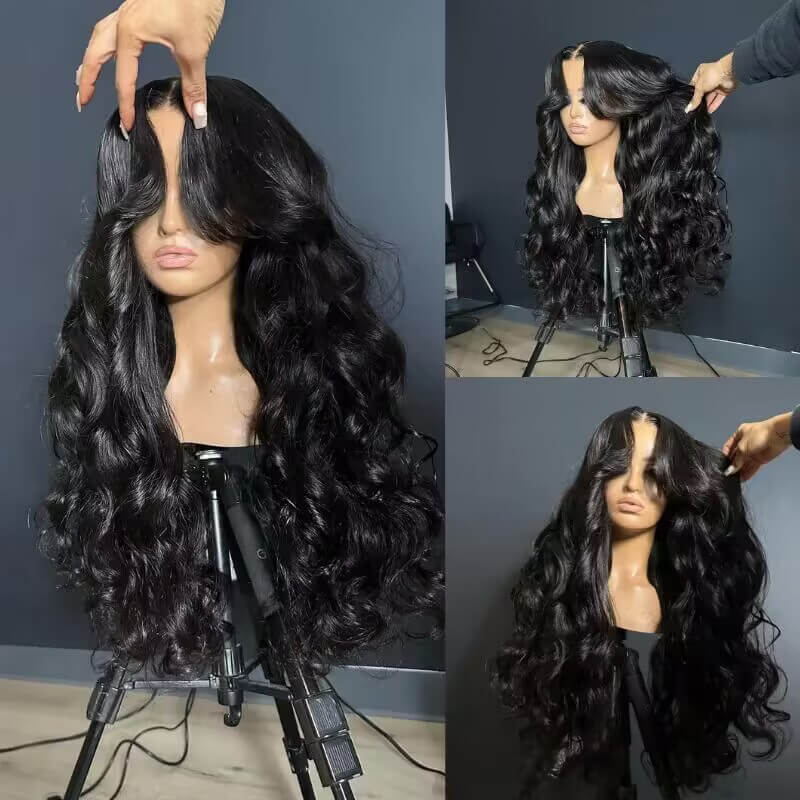 13x6 Full Lace Frontal Pre-Styled Loose Body Wave Wigs With Curtain Bangs Human Hair Pre Bleached Brailian Wigs For Women