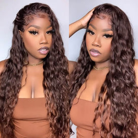 #4 Chocolate Brown Wig Deep Wave 13x6 HD Transparent Lace Frontal Wigs Pre-Colored Human Hair Wigs