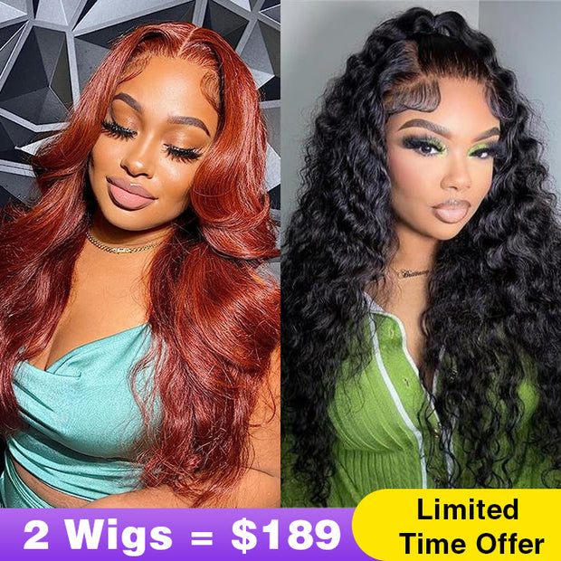 2Wigs = $189 | #33 Reddish Brown Color Body Wave Wig + Glueless Water Wave Wig