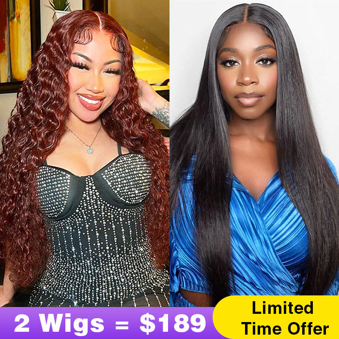 2Wigs = $189 |  #33 Reddish Brown Color Water Wave Wig + 8x5 Glueless Straight Wig