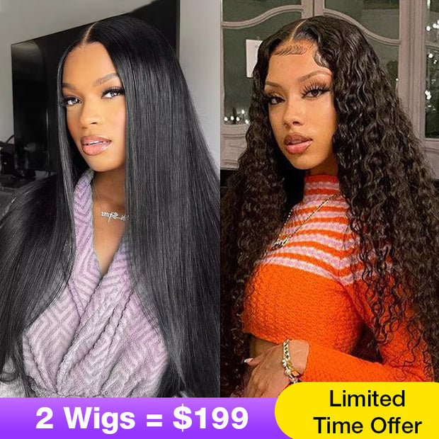 2Wigs = $199 | Water Wave & Silky Straight 8x5 Pre Cut Lace Bleached Knots Ready To Go Glueless Wig