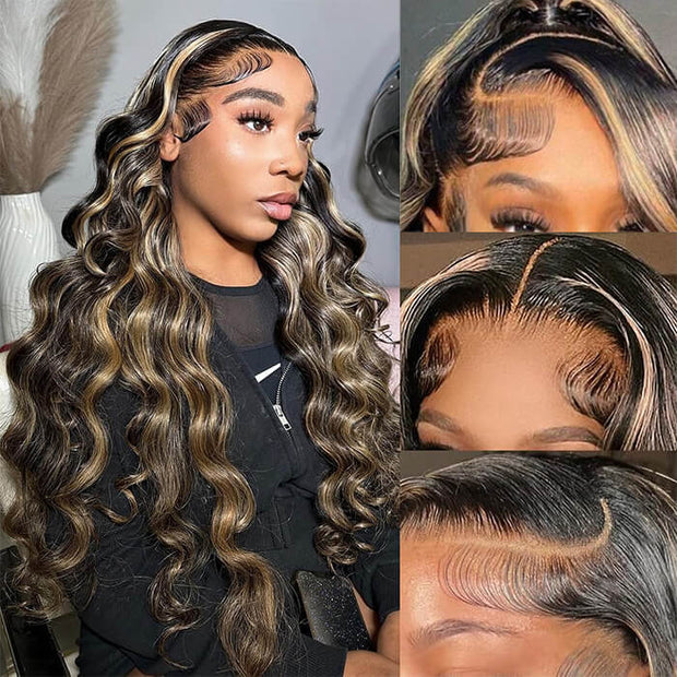 FF1B/27 Balayage Highlight 13x6 Full Lace Frontal Human Hair Pre Plucked Natural Hairline Glusless Wigs