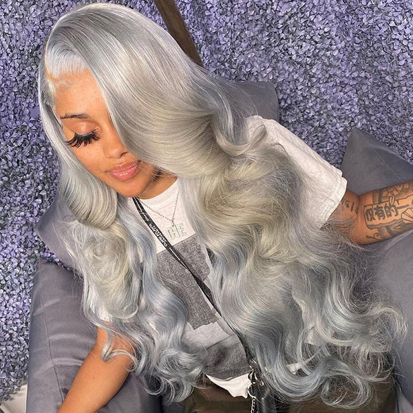 Highlight Grey Wig Human Hair Body Wave Lace Front Wig With Grey