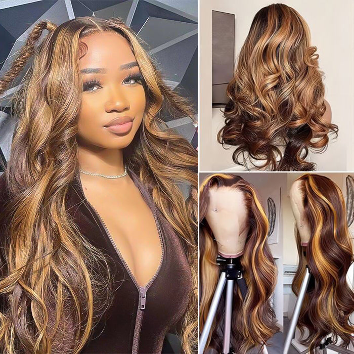 4/27 honey blonde highlight body wave wig