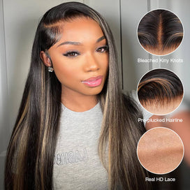 1B/27 Balayage Highlight 13x6 Glueless HD Lace Front Wig Body Wave Straight Pre Plucked Colored Human Hair Wigs