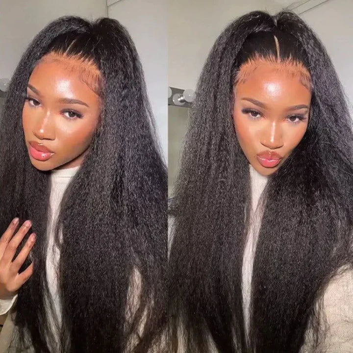 Kinky Straight Human Hair 13x6 Glueless Undetectable HD Lace Front Wigs For Women Pre Bleached and Pre Plucked Hairline