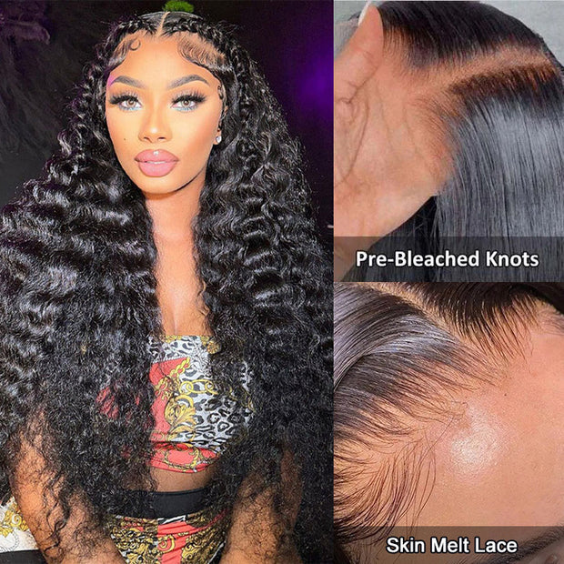 Loose Deep Wave 13*6 Full Lace Glueless Crimped Wig With Pre Bleached Lace Frontal Human Hair Wigs