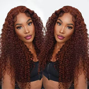 Glueless Lace Reddish Brown Curly Wig With Bleached Knots 8x5 Pre Cut HD Lace Put On And Go Wig