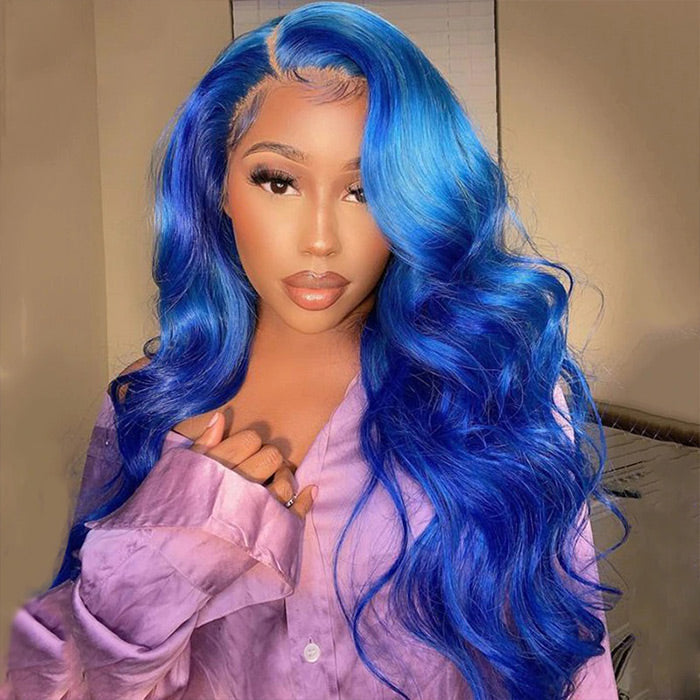 Blue Human fashion hair HD lace front wig