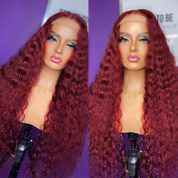 Deep Wave 13x4 HD Lace Front Wigs Burgundy 99J Color Human Hair Wigs W ...