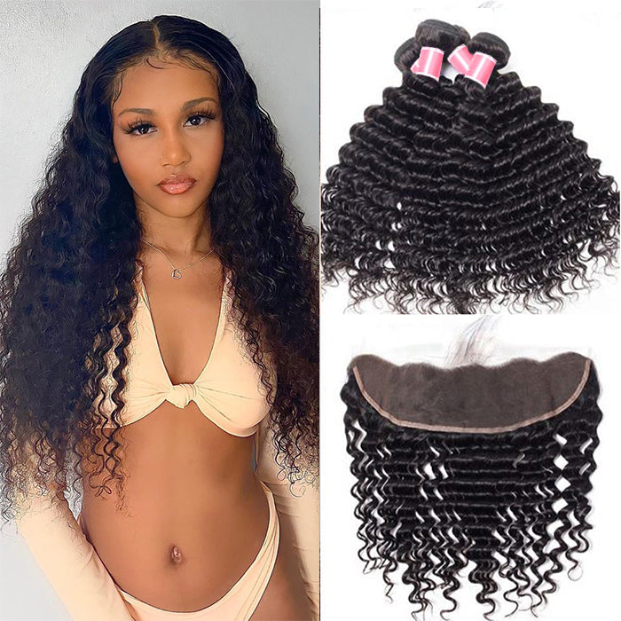 3 Bundles Deep Wave Hair With 4*4 Lace Closure Ali Pearl Brazilian