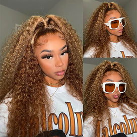 Highlight Curly Lace Front Wigs #4/27 Color Brazilian Remy Human Hair Wig Pre Plucked