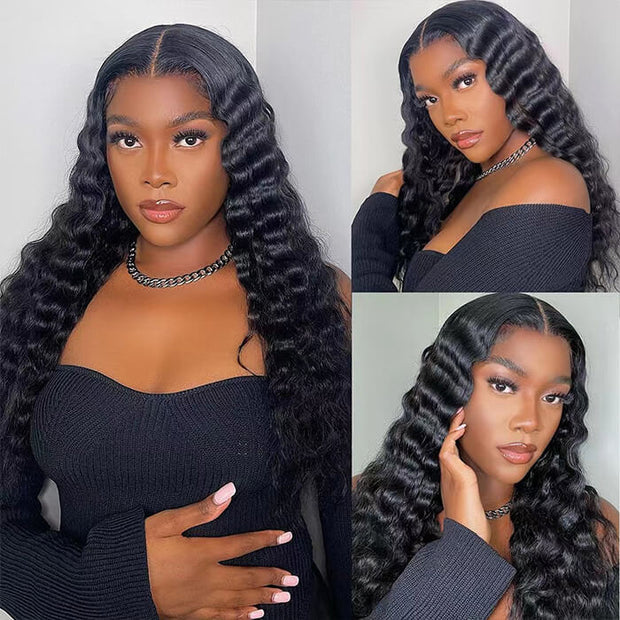 Loose Deep Wave Invisible-String Snug Fit 360 Lace Front Wigs Pre Plucked HD Lace Human Hair Crimped Wigs