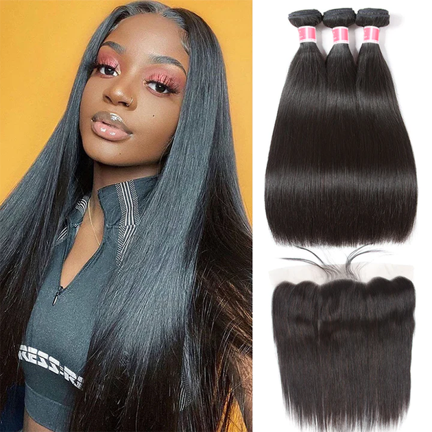 3 Bundles Peruvian Straight Human Hair with 13*4 Ear to Ear Lace Front ...